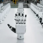 Photograph shows lines of robotic hands made by Inspire-Robots